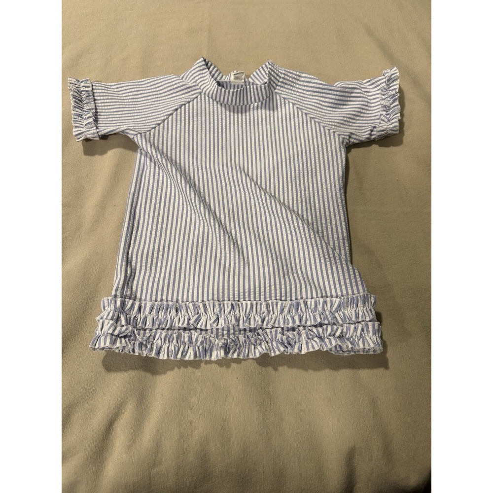 Ruffle Butts Blue White Seersucker 6 Rash Guard Ruffle Trim